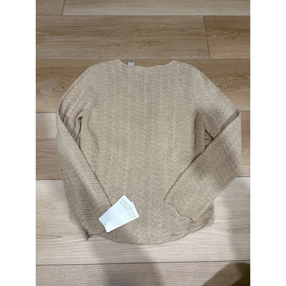 Dana Buchman Women's Suede & Crochet Knit V-Neck Sweater Top Tan Beige Size L